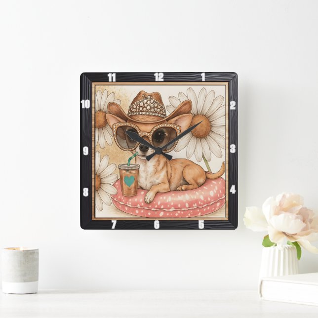 Chihuahua Cowboy Bassäng Party Fyrkantig Klocka (Hem)