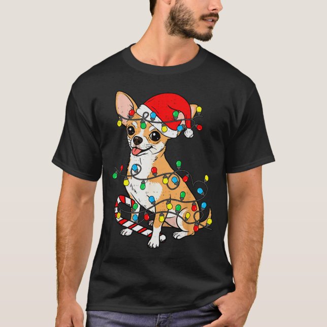 Chihuahua Dog Christmas Lights Santa Xmas Pet Dog  T Shirt (Framsida)
