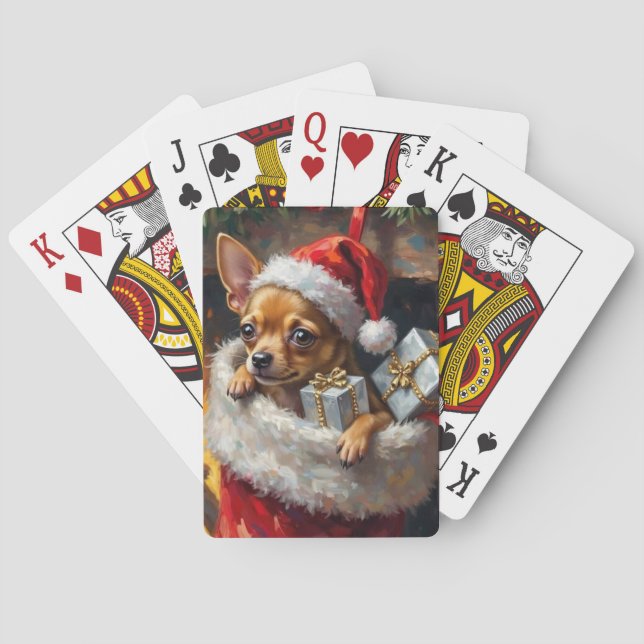 Chihuahua Dog Christmas Stocking Surprise Art Casinokort (Baksidan)