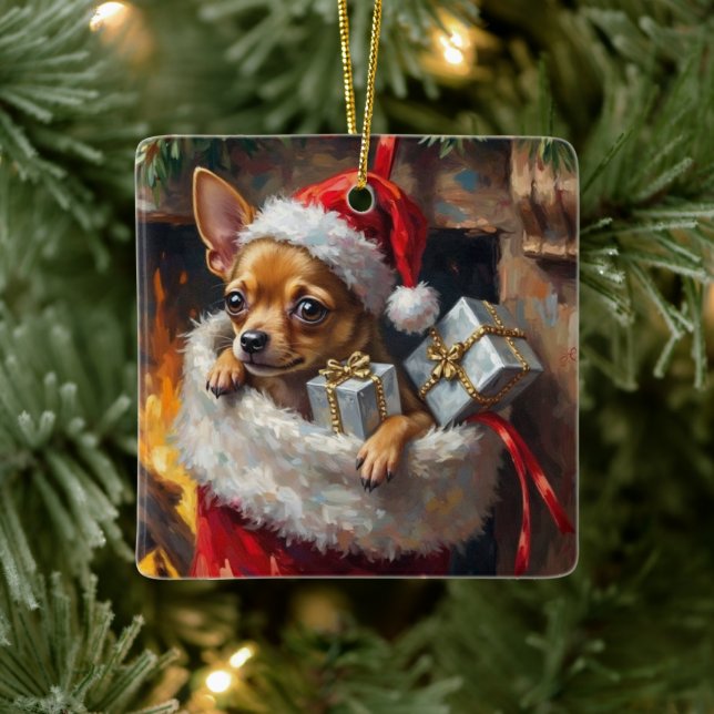 Chihuahua Dog Christmas Stocking Surprise Art Julgransprydnad Keramik (Träd)