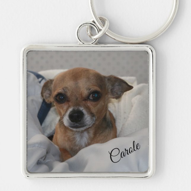 Chihuahua Fyrkantig Silverfärgad Nyckelring (Framsidan)