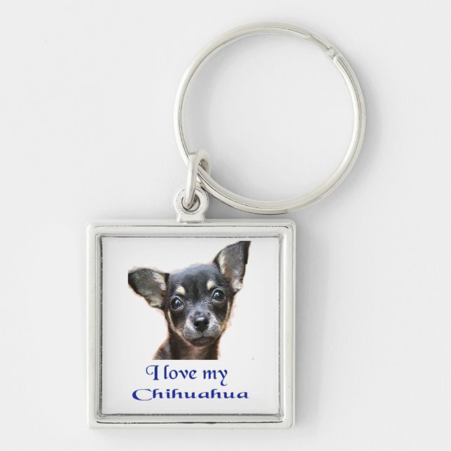 Chihuahua Fyrkantig Silverfärgad Nyckelring (Framsidan)