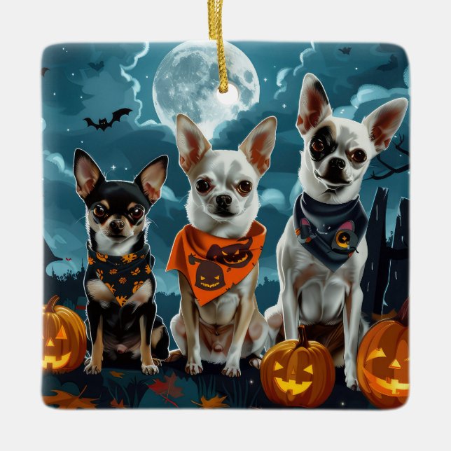 Chihuahua Halloween Spooky Julgransprydnad Keramik (Framsida)