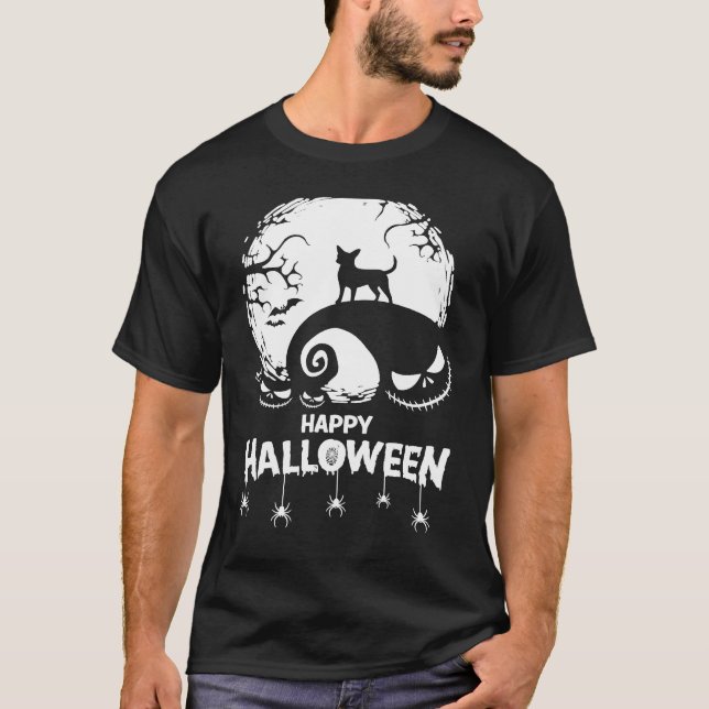 Chihuahua Happy Halloween Spooky Bats Moon Pumpkin T Shirt (Framsida)