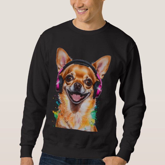 Chihuahua Hörlurar Hund Funny Animal Art Print Gr Lång Ärmad Tröja (Framsida)