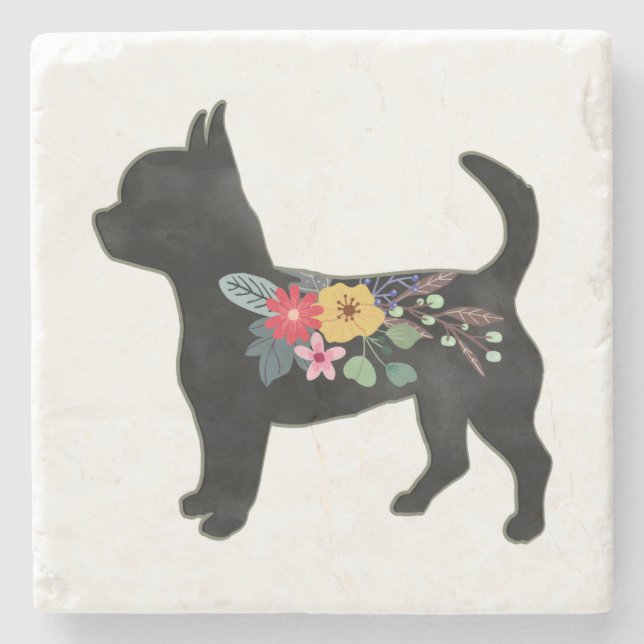 Chihuahua Hund aveln Boho Blommigt Silhouette Ston Stenunderlägg (Framsidan)