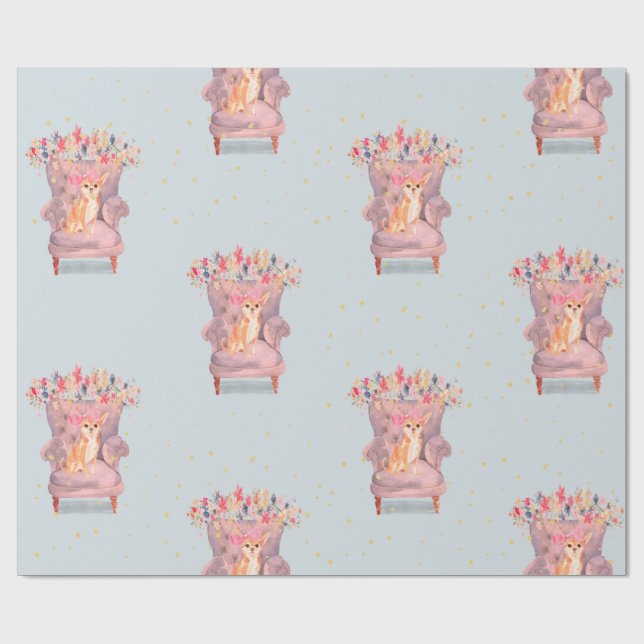 Chihuahua Hund Blommigt Rosa Blue Guld Spots Presentpapper (Platt)