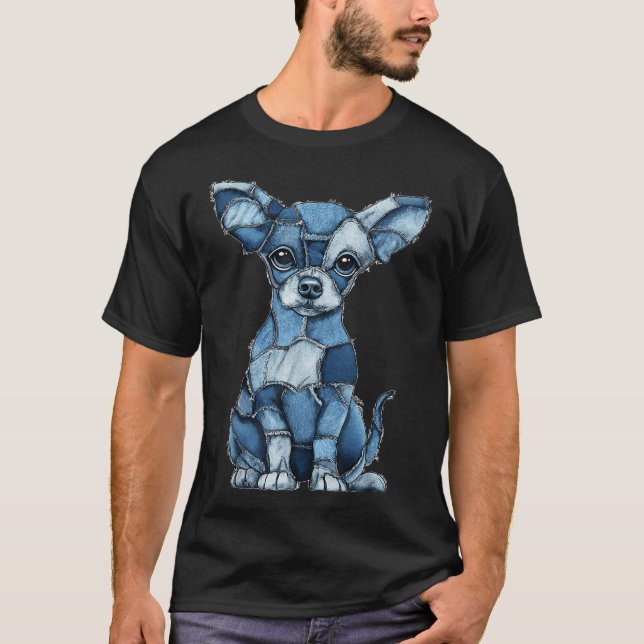 Chihuahua Hund Blue Denim Patchwork T Shirt (Framsida)