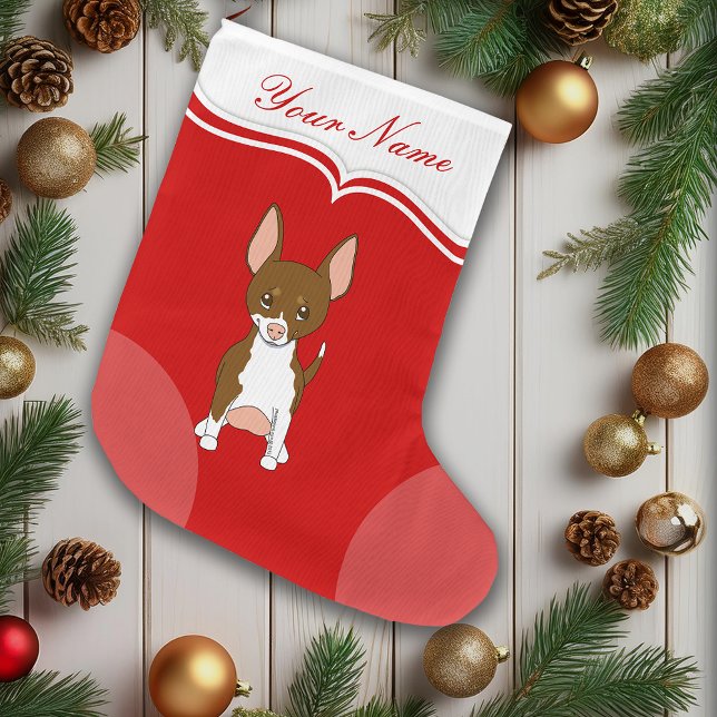 Chihuahua Hund Cute Tecknad Brown White Namn Stor Julstrumpa (Cute Chihuahua puppy dog Christmas stocking)