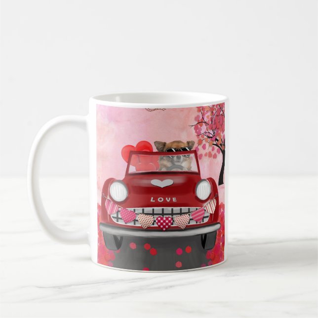 Chihuahua Hund Driving Car with Hearts Valentine's Kaffemugg (Vänster)
