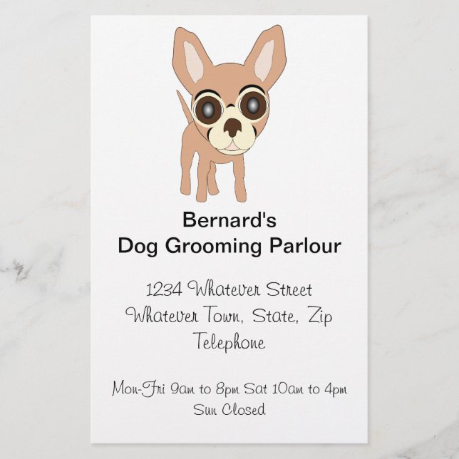 Chihuahua hund frisörsalong flygblad (Framsidan)