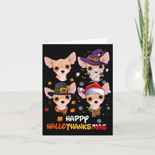 Chihuahua Hund Hallothanksmas Halloween Thanksgiin Kort (Framsida)