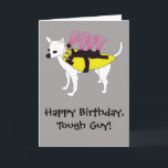 Chihuahua Hund i Coyote Jacka Funny Birthday Kort<br><div class="desc">Lägg till ditt eget anpassningsbar-meddelande till det här födelsedagskortet eller lämna det som det är. Det här roliga kortet är en söt illustration av en vit coyote hund som är klädd i en coyote jacka eller väst i ljus gult och rosa mot en grått bakgrund. Det är perfekt-kortet för hundälskare...</div>