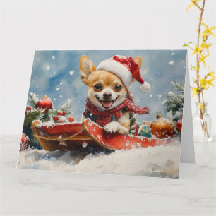 Chihuahua Hund i Släd Låt det Snöa Jul Kort