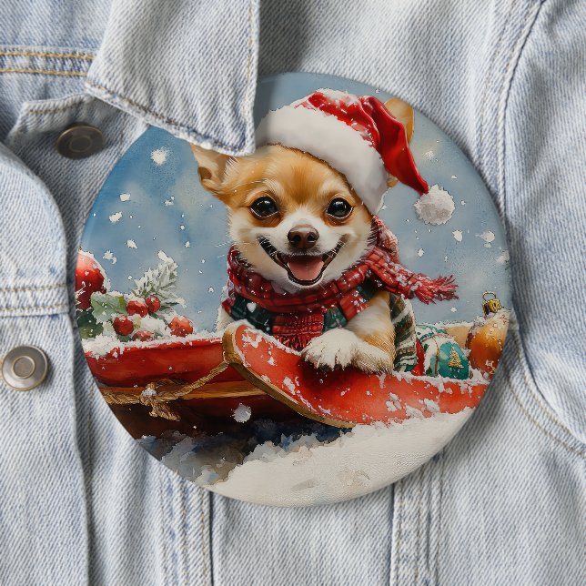 Chihuahua hund i släde Låt det snöa jul Knapp (In Situ)