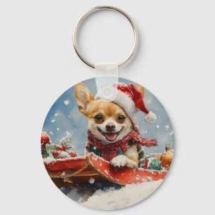 Chihuahua Hund i Sledge Låt det snöa jul Nyckelring