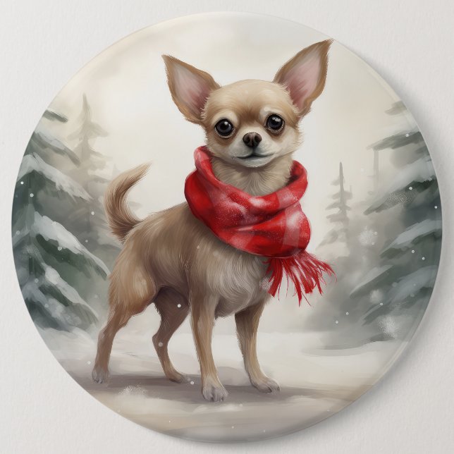 Chihuahua hund i snö jul  knapp (Framsida)