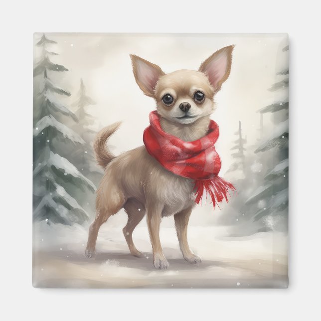 Chihuahua hund i snö jul  magnet (Framsidan)