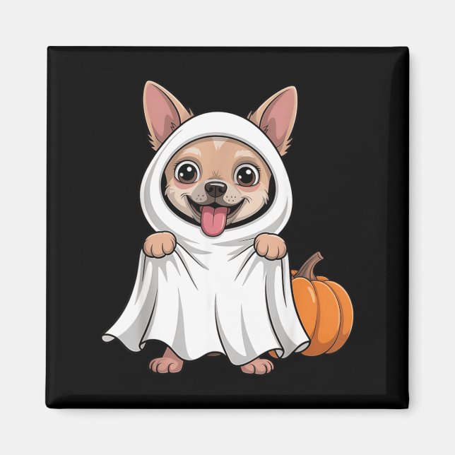 Chihuahua hund iklädd en vit spökdräkt hund magnet (Framsidan)