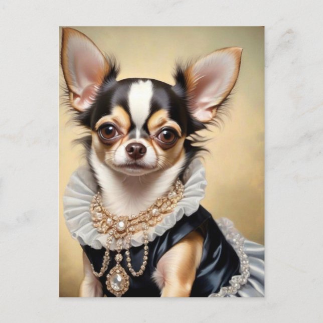 Chihuahua hund iklädd klänning vykort (Framsida)