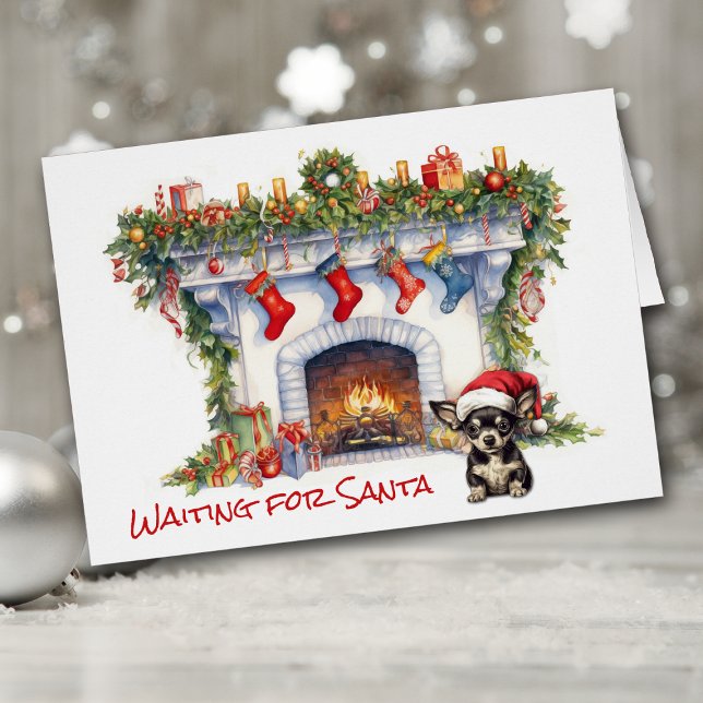 Chihuahua Hund Jul Fireplace Vänta på tomten Hälsningskort (Skapare uppladdad)
