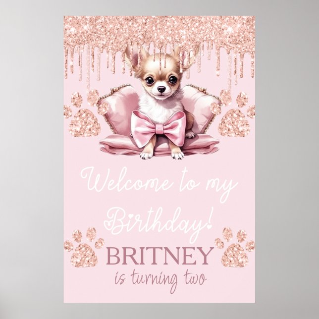 Chihuahua Hund med Glitter Birthday Välkommen Part Poster (Framsidan)
