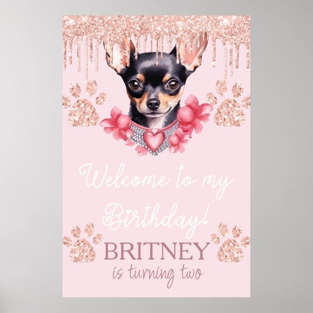 Chihuahua Hund med Glitter Birthday Välkommen Part Poster (Framsidan)