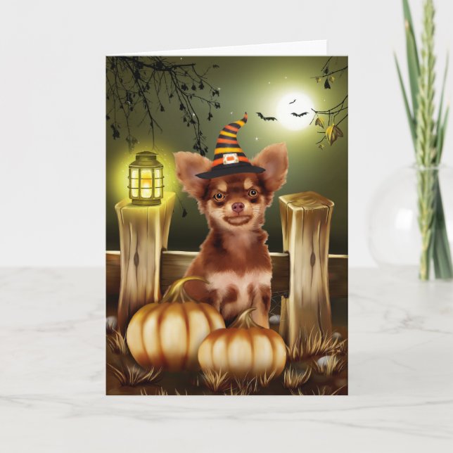 Chihuahua Hund med Witch Hat Halloween Gift Idea Kort (Framsida)