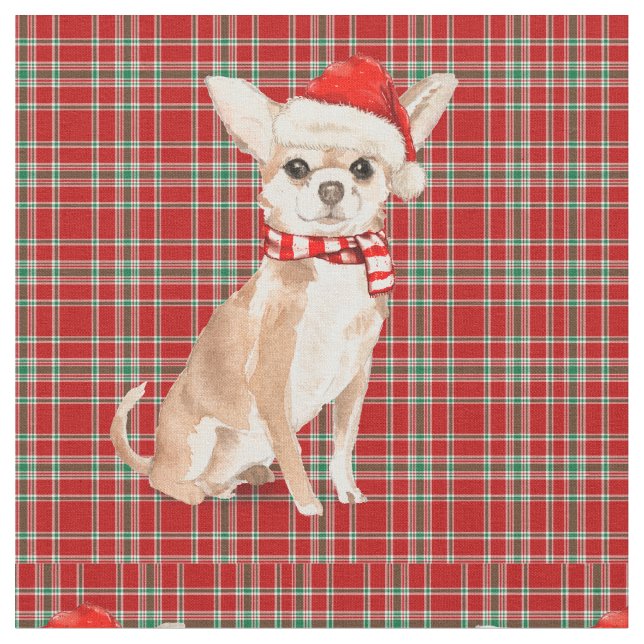Chihuahua Hund och Red Plade-jul Tyg (Närbild)