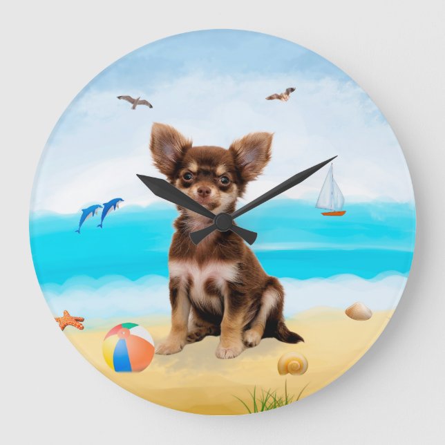 Chihuahua Hund på Strand Stor Klocka (Framsida)