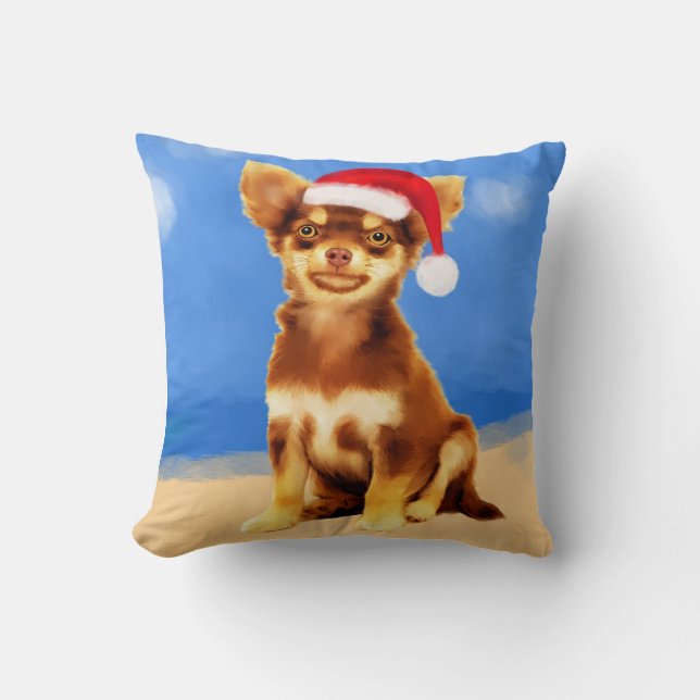 Chihuahua hund på strö med julklapp kudde (Framsida)
