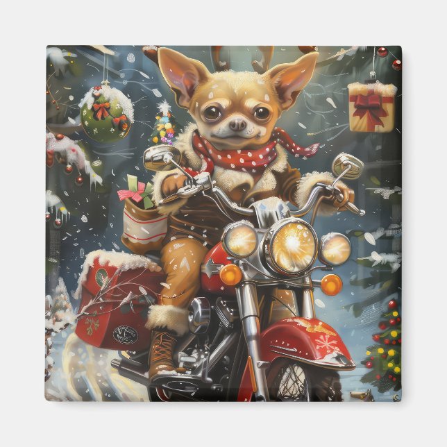 Chihuahua Hund Ridning Motorcykel Jul  Magnet (Framsidan)