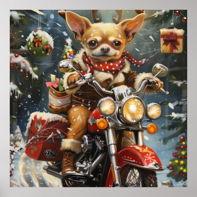 Chihuahua Hund Ridning Motorcykel Jul  Poster (Framsidan)