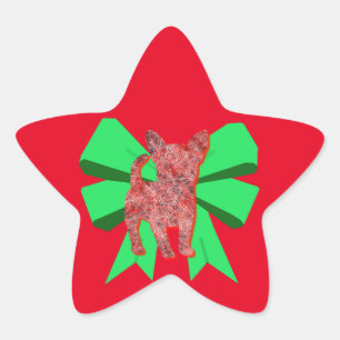 Chihuahua Hund Silhouette Red & Grönt Bow jul Stjärnformat Klistermärke