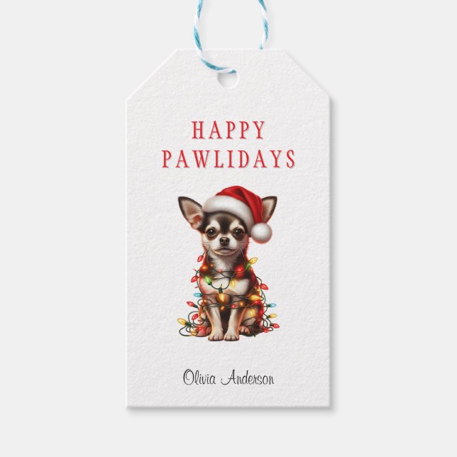 Chihuahua-Hund som är snurrig i ljus under jul Presentetikett (Framsidan)