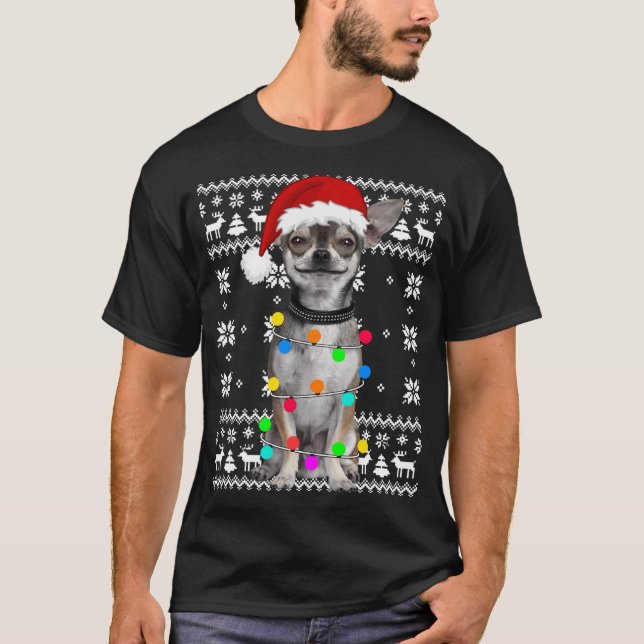 Chihuahua Hund Ugly Sweater Puppy Santa Hat T Shirt (Framsida)