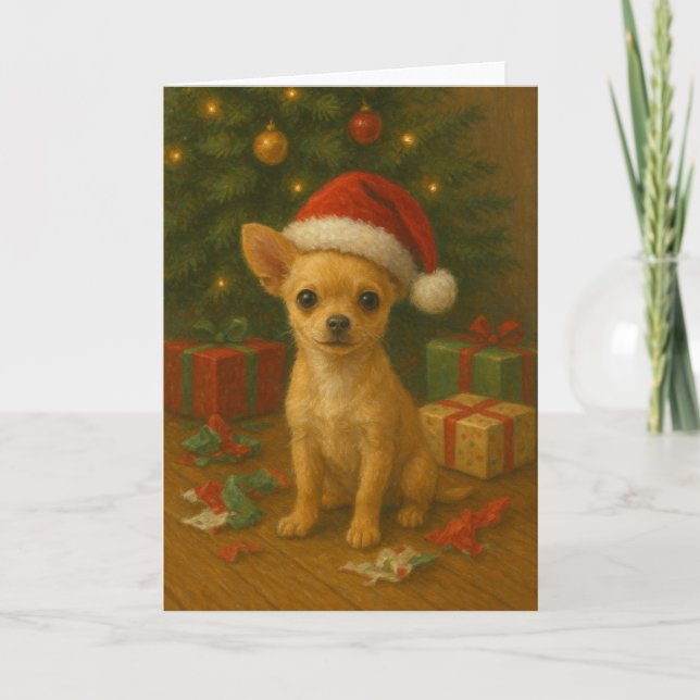 Chihuahua-hund under ett julgran helgkort (Framsida)