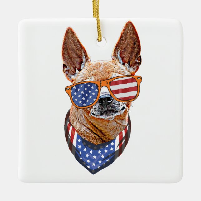Chihuahua Hund USA American Independence 4 juli Julgransprydnad Keramik (Framsida)