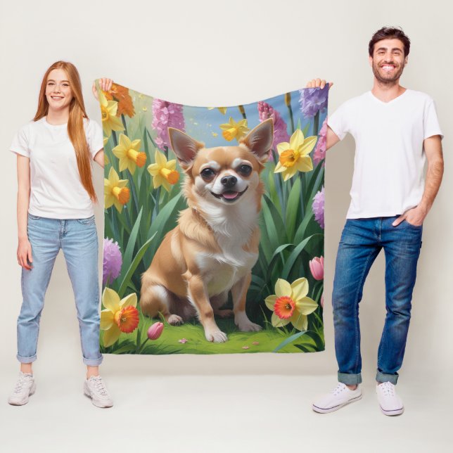 Chihuahua Hund Vår blommor Painting Fleecefilt (På plats)