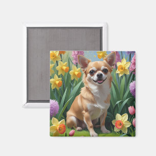 Chihuahua Hund Vårblommor Målning Magnet