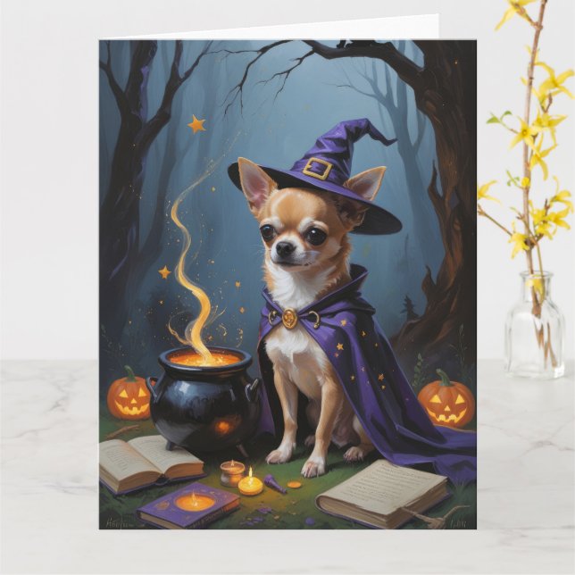 Chihuahua Hund Whimsical Halloween-målning Kort (Gul blomma)