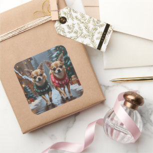 Chihuahua Hundar Jul Snö Högtid Fyrkantigt Klistermärke
