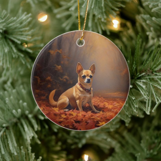 Chihuahua i höstlöv fall inspirerar julgransprydnad keramik (Träd)