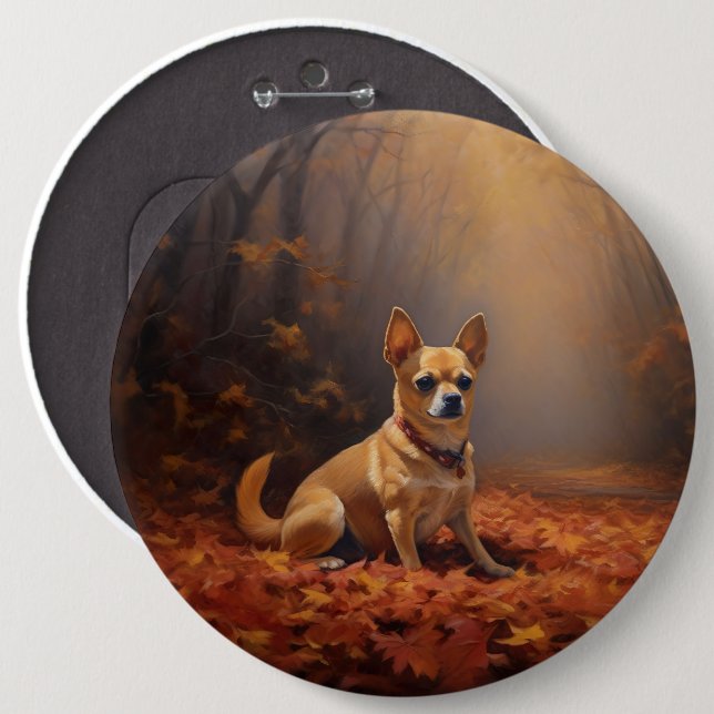 Chihuahua i höstlöv fall inspirerar knapp (Framsida & baksida)