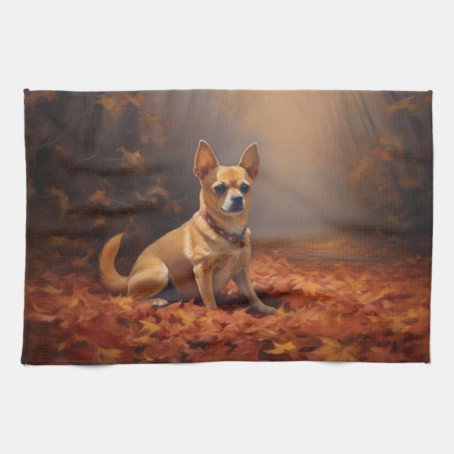 Chihuahua i höstlöv fall inspirerar kökshandduk (Horisontell)