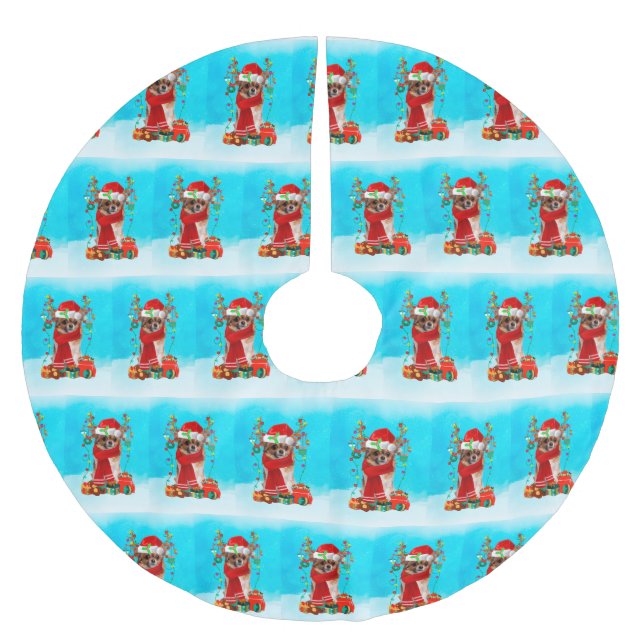 Chihuahua i snö med julklappar julgransmatta borstad polyester (Framsidan)