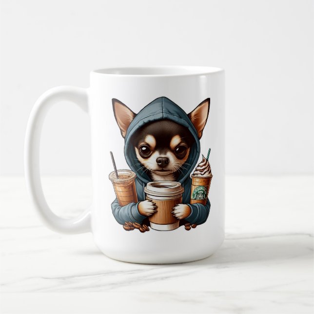 Chihuahua in Hooded Sweatshirt Holding Coffee Kaffemugg (Vänster)