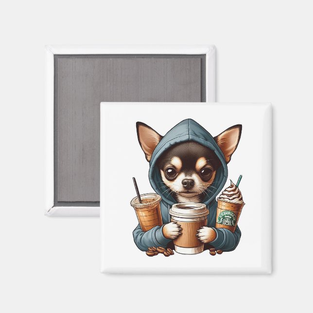 Chihuahua in Hooded Sweatshirt Holding Coffee Magnet (Front/Back)