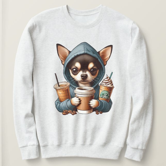 Chihuahua in Hooded Sweatshirt Holding Coffee T Shirt (Design framsida)