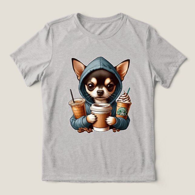 Chihuahua in Hooded Sweatshirt Holding Coffee T Shirt (Design Framsida)